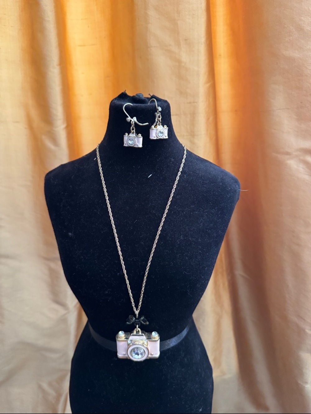 Betsey Johnson Pink Camera Charm Necklace and Earrings Set